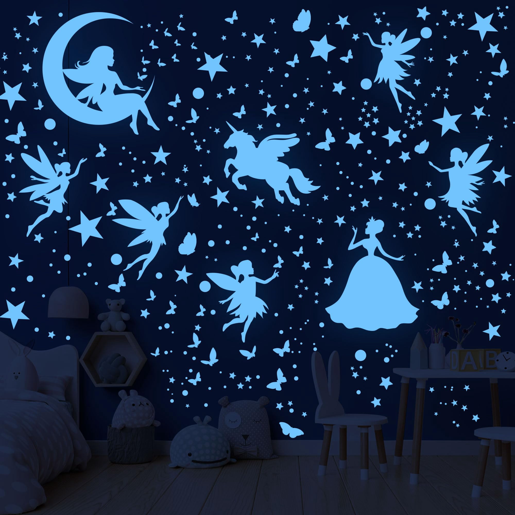 Neasyth Glow in The Dark Stars for Ceiling, Unicorn Bedroom Decor for Girls, Fairy Butterfly Nursery Wall Decals