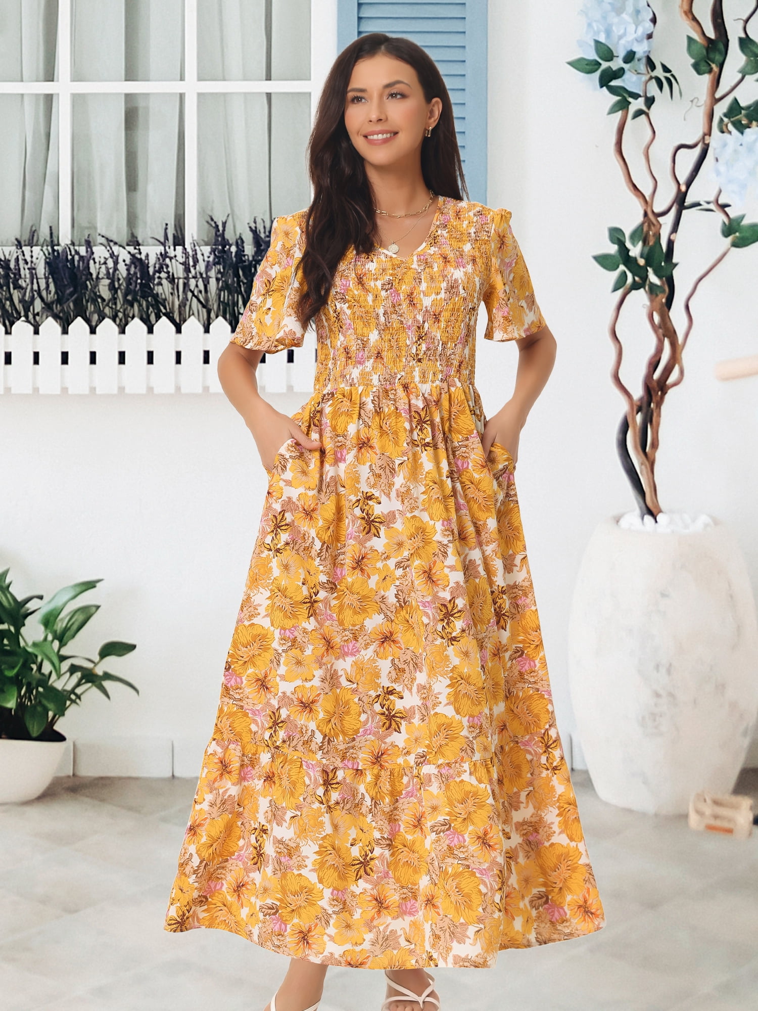 DARING DIVA Short Flutter Sleeve Smocked Flowy Maxi Dres M Yellow