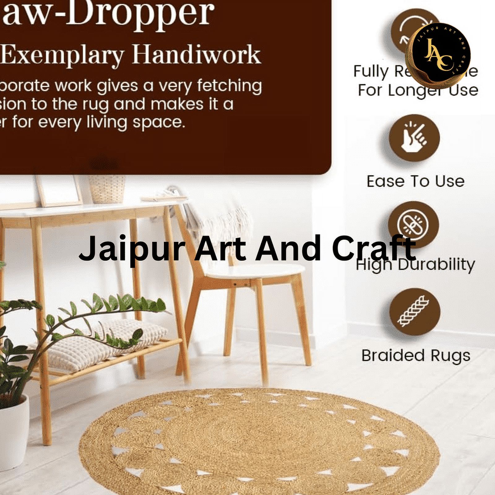 Jaipur Art And Craft Hand Braided Round Jute Area Rug for Home Décor Reversible Boho Charm Carpet (5x5 Sq Ft)