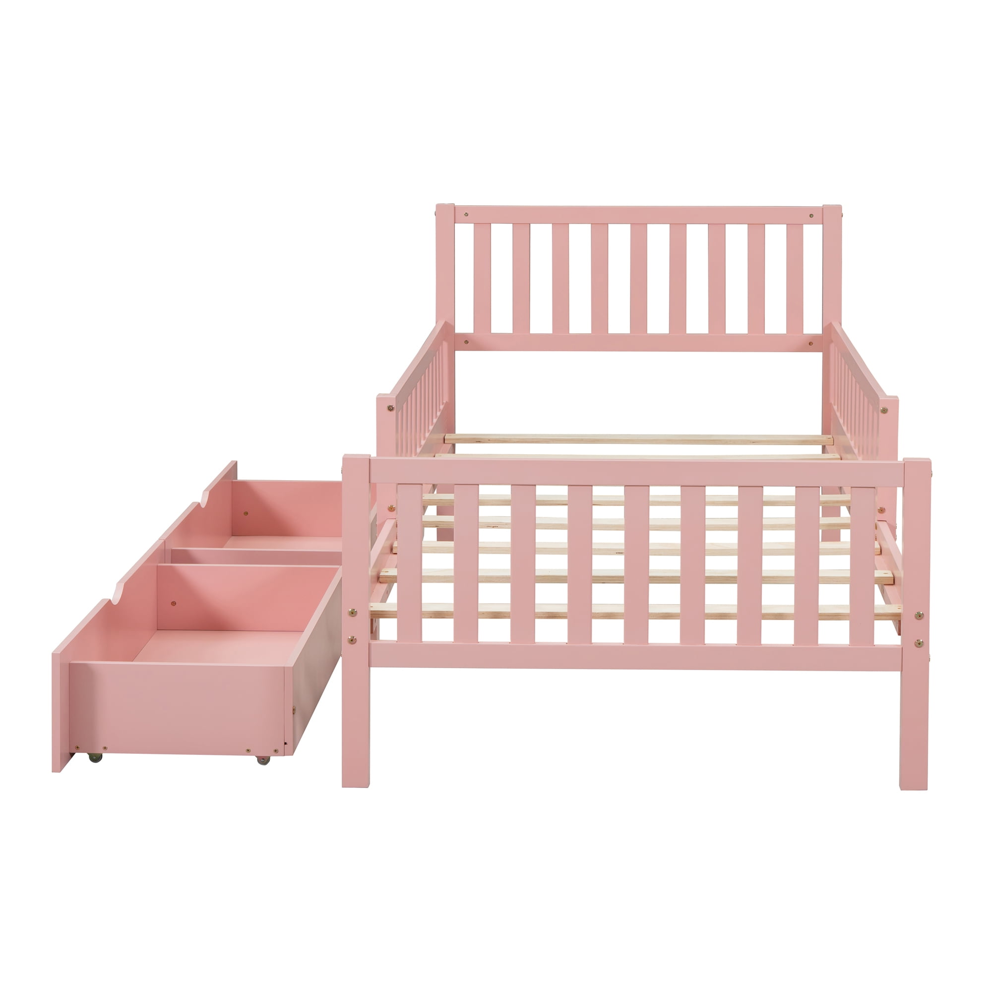 Jopath Twin Size Wood Platform Bed with Guardrails on Both Sides and Two Storage Drawers for Toddler Kids Teens,Pink