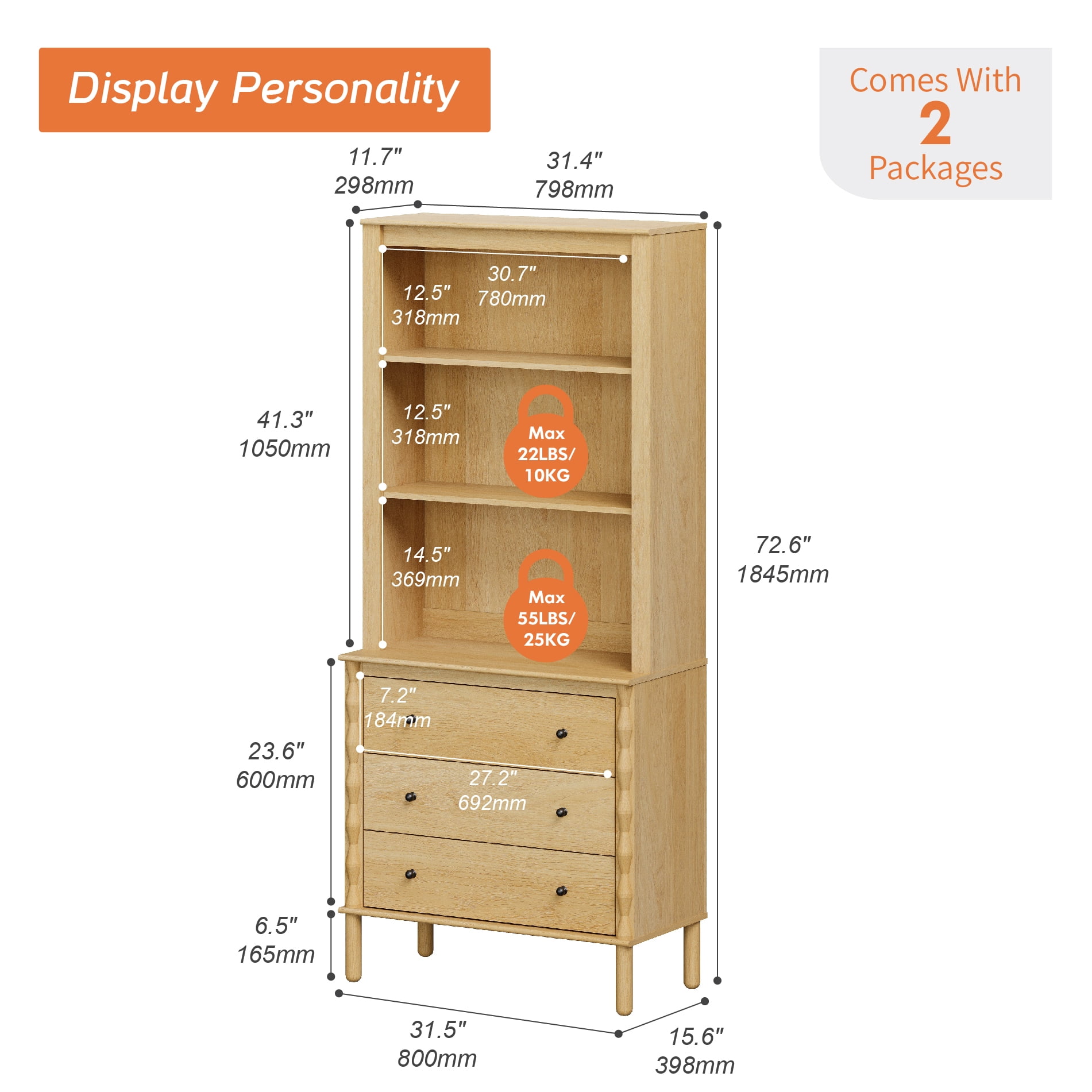 72" Tall Bookshelf with 3 Drawers and Open Book Shelves,Oak