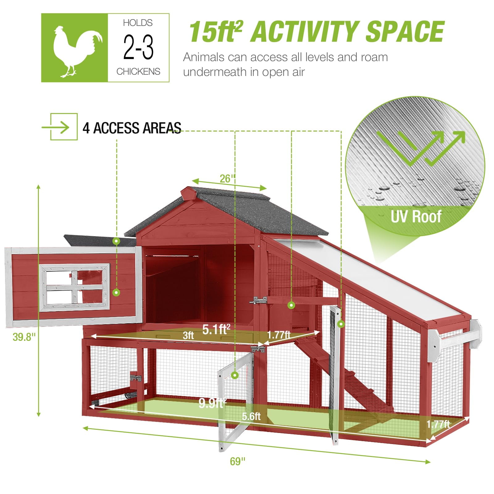 BUTINGLALE Outdoor Mobile Chicken Coop with Wheels Hen House with Nesting Box Wooden Bunny Cage Large Duck House with Run UV Roof Rabbit Hutch(Red)