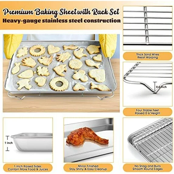 Cookie Sheet With Rack Set Half Baking Pan Stainless Steel Rimmed Tray Wire Cooling Roasting Broiling Dishwasher Safe