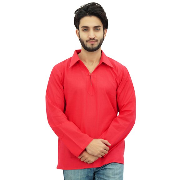Atasi Indian Ethnic Men's Short Kurta Full Sleeve Peach Collar Cotton Shirt-Small