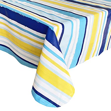 

Newbridge Sun Wave Beach Stripe Flannel Back Vinyl Tablecloth - Navy Yellow White and Blue Wavy Striped Vinyl Indoor/Outdoor Waterproof Patio BBQ Tablecloth 60 Inch x 84 Inch Oblong/Rectangle