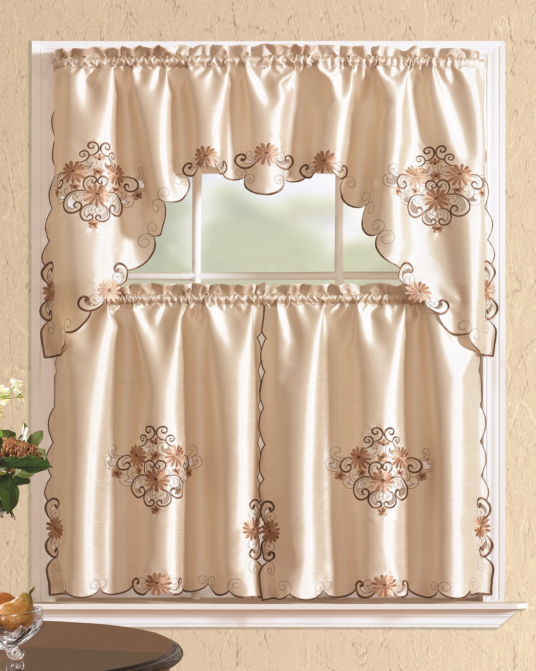 All American Collection Embroidered Fruit 3pc Kitchen Curtain Set With Swag Valance 