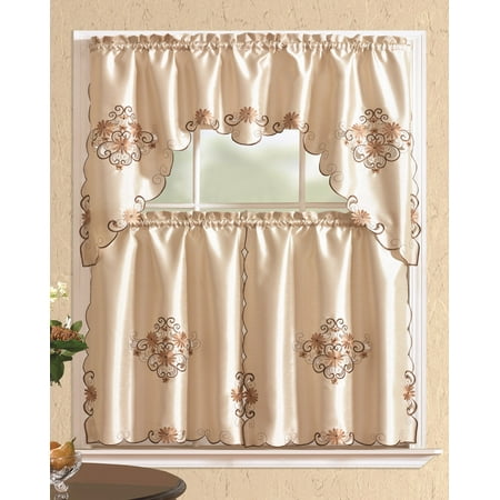 All American Collection Modern Embroidered 3pc Kitchen Curtain Set With Swag