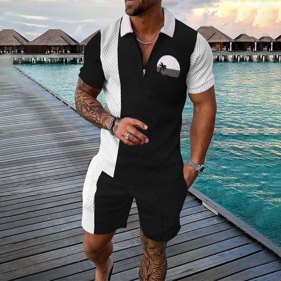 Vedolay shorts sets men two piece outfits Men's Button Down Shirts Set Color Block Short Sleeve Shirts Drawstring Waist Shorts Tracksuit Set,Black XL