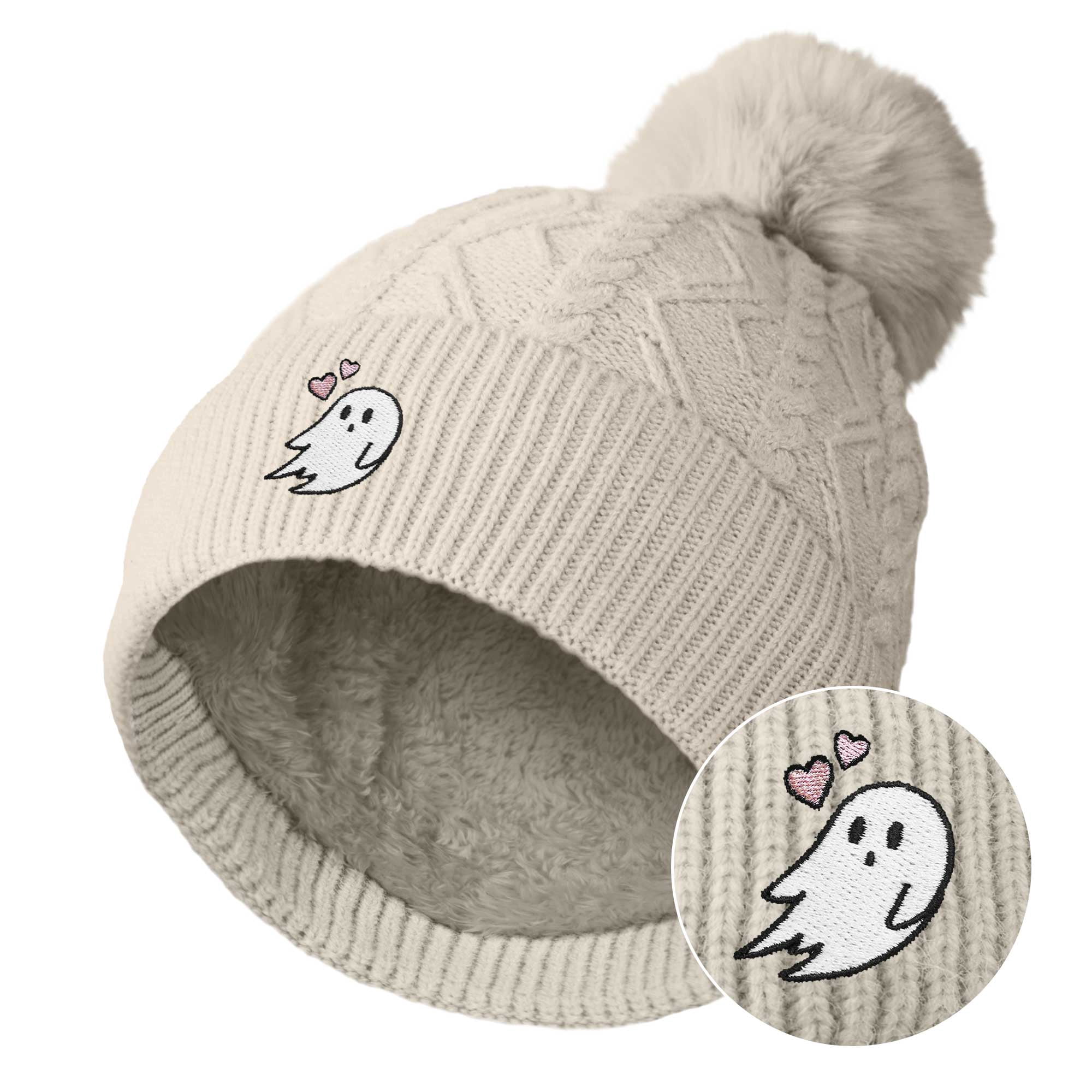 Dalix Heartly Ghost Cable Knit Pom Beanie Soft Stretch Skully Warm Fuzzy Faux Sherpa Winter Ski Beanie in Cream White