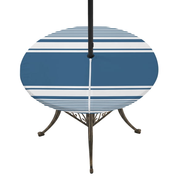 Round Outdoor Tablecloth with Umbrella Hole and Zipper, Farmhouse Blue Striped Tablecloth with Elastic Waterproof, Modern Minimalist Stripes Patio Table Covers for 31" - 35" Picnic Pool Tables