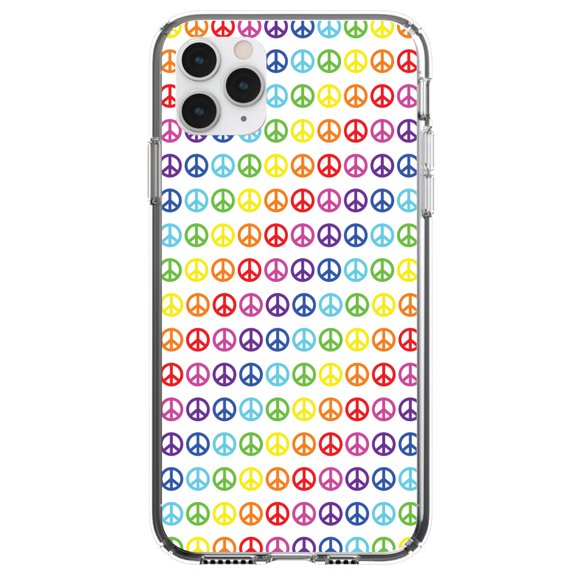 DistinctInk Clear Shockproof Hybrid Case for iPhone 12 / 12 PRO (6.1" Screen) - TPU Bumper, Acrylic Back, Tempered Glass Screen Protector - White Rainbow Peace Signs