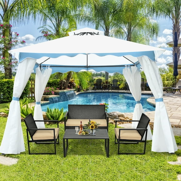 Patiojoy Pavillon de Terrasse en Acier à 2 Niveaux 10 Pieds X 10 Pieds Auvent de Terrasse Extérieur Abri à Cadre en Acier avec Parois Latérales pour Patio, Cour, Jardin