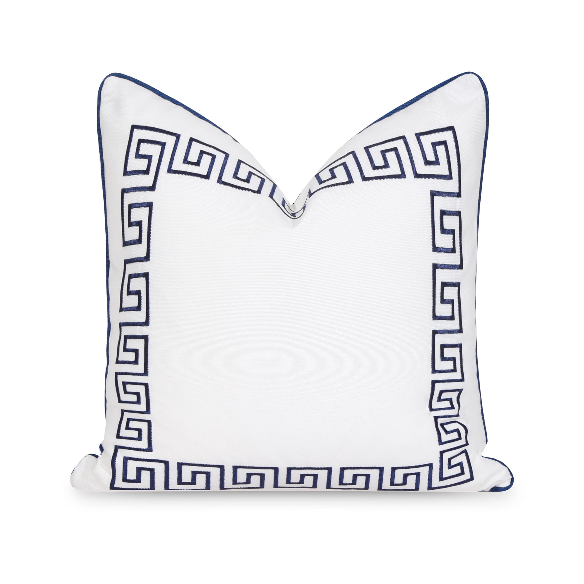 Hofdeco Premium Coastal Patio Indoor Outdoor Throw Pillow Cover Only, 20"x20" Water Repellent for Backyard, Couch, Navy Blue Embroidered Greek Key with Piping