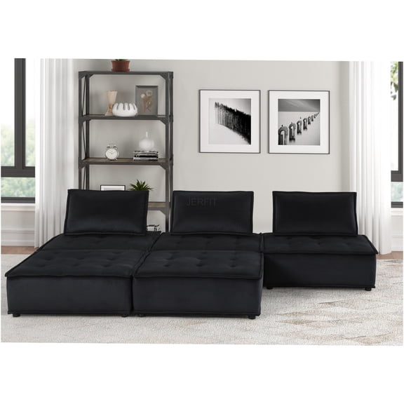 JERFIT 5-Piece Modular Sectional Sofa with Ottoman, Black Velvet Upholstery, Modern Tufted L-Shaped Couch for Living Room
