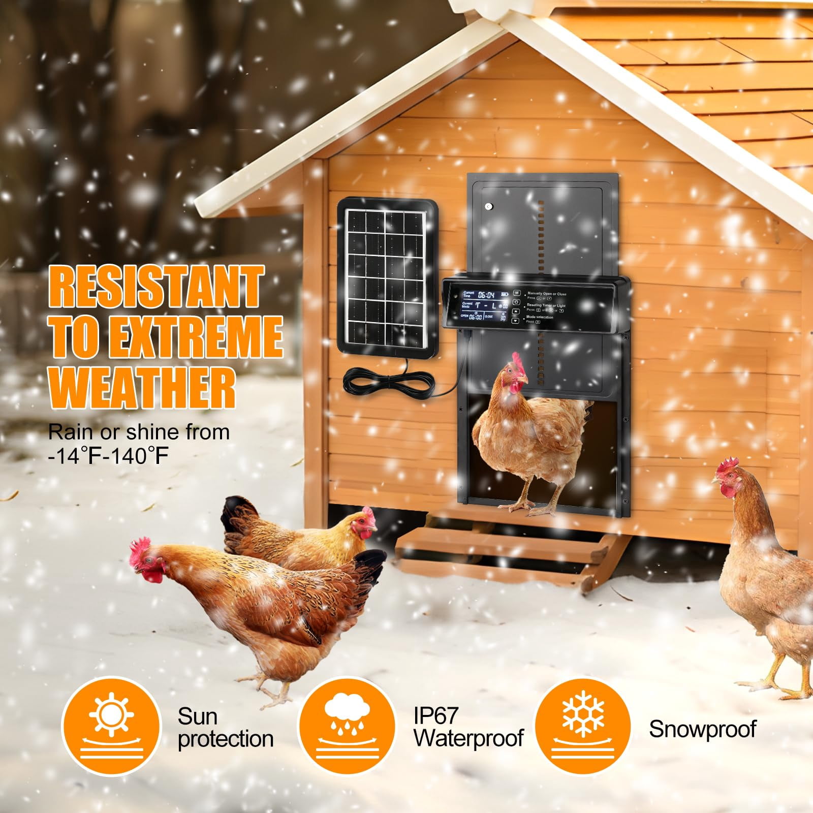 Automatic Chicken Coop Door Solar Powered, LCD Display Automatic Chicken Door with Timer & Light Sensor, Aluminum Alloy Chicken Door with Remote Control & 4 Modes Automatic Chicken Door Solar