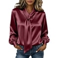 thumbnail image 2 of Zivyakyron Satin Women Blouse Tie Neck Fall Casual Long Sleeve Womens Tops Elegant Loose Plain Red L, 2 of 10