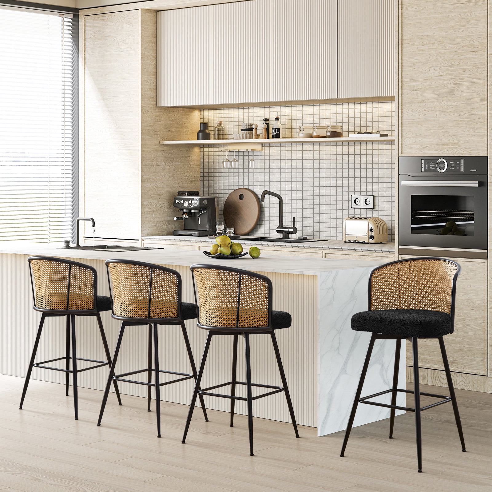 Foreate Cane Swivel Barstools Set of 2, 29" Seat Counter Height w/ Rattan Mid-Back Metal Legs, Upholstered Boucle Fabric Modern Armless Bar Stools Chairs for Kitchen Island Pub
