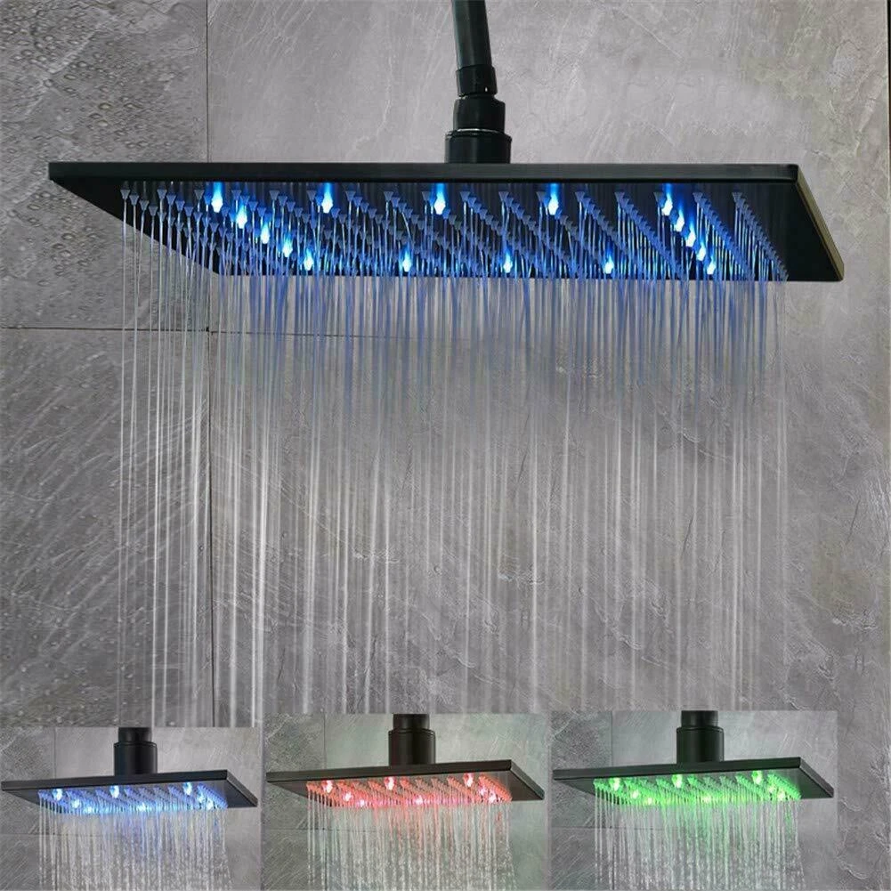 LED Black Square 16 Inch Rain Shower Head High Pressure Top Sprayer Solid Brass