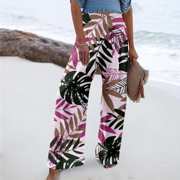 WILLBEST Pantalones Casuales de Verano para Mujer, Estampado Elástico, Cintura Alta, Pierna Ancha, Cómodos, Estilo Largo con Cinturón Informal y Bolsillo. Grande