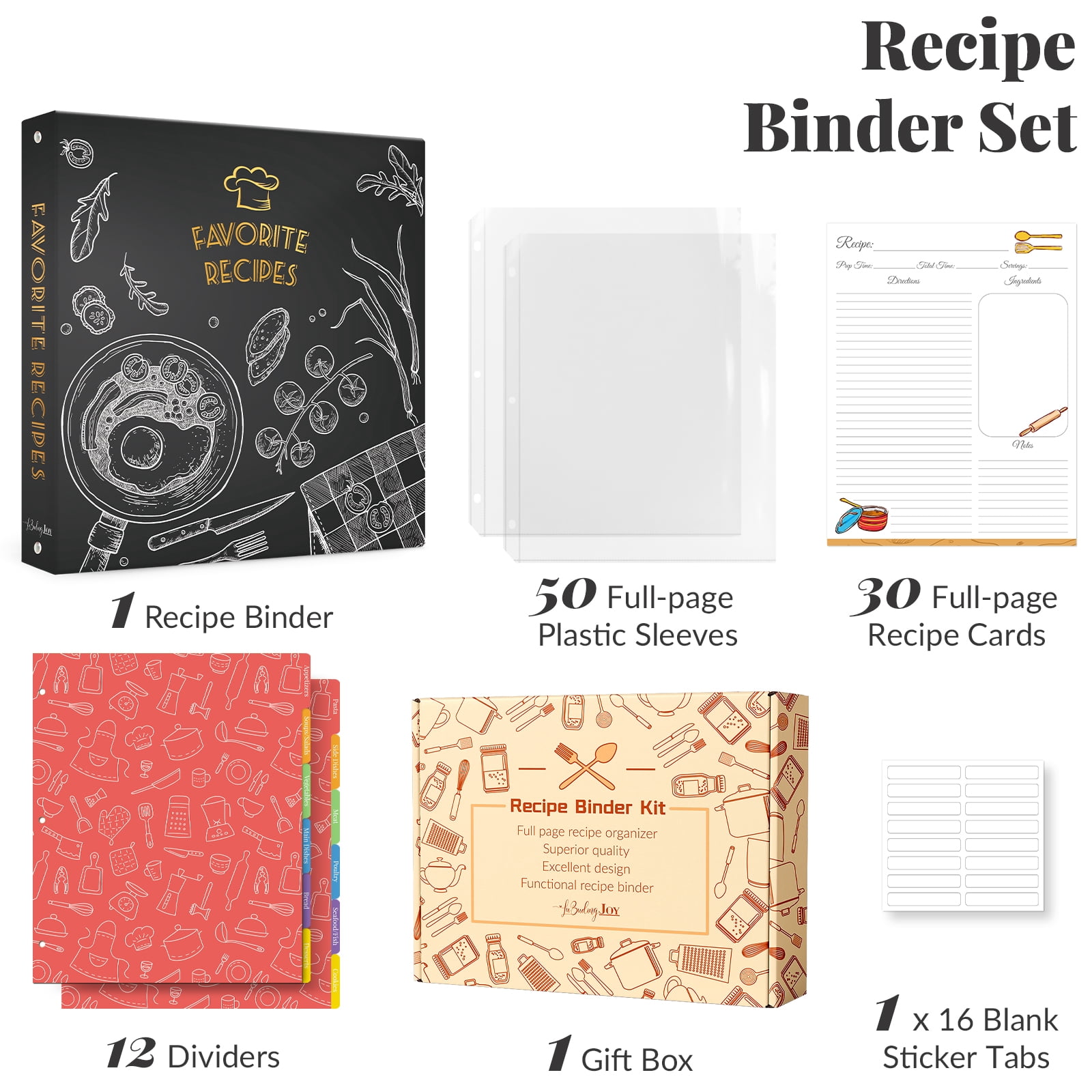 Recipe Binder 8.5x11 3 Ring with Plastic Sleeves & 30 Blank Full-Page Recipe Cards, Cookbook Binder to Write in Your Own Recipes (Blackboard Painting)