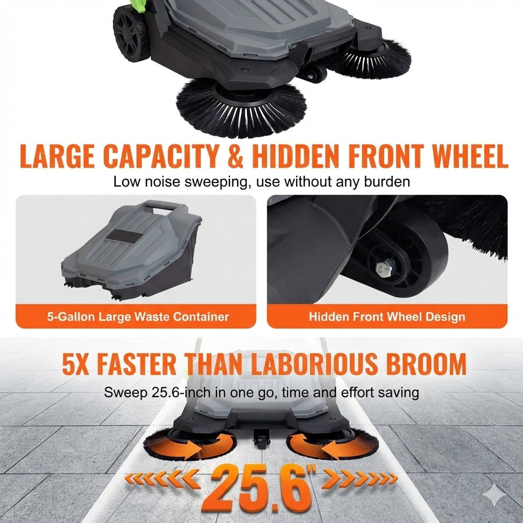 Walk-behind Hand Push Floor Sweeper, 25.6" Sweeping Width Floor Sweeper Manual Non-Electric, 5-Gallon Waste Container, Angle & Height Adjustable Folding Handle for Walkway, Yard, Garage, Patio