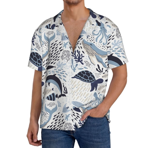 Fotbe Sea Animal Camisa Estampada de Manga Corta para Hombre, Casual de Verano, Estilo Playero, Sin Arrugas-Small
