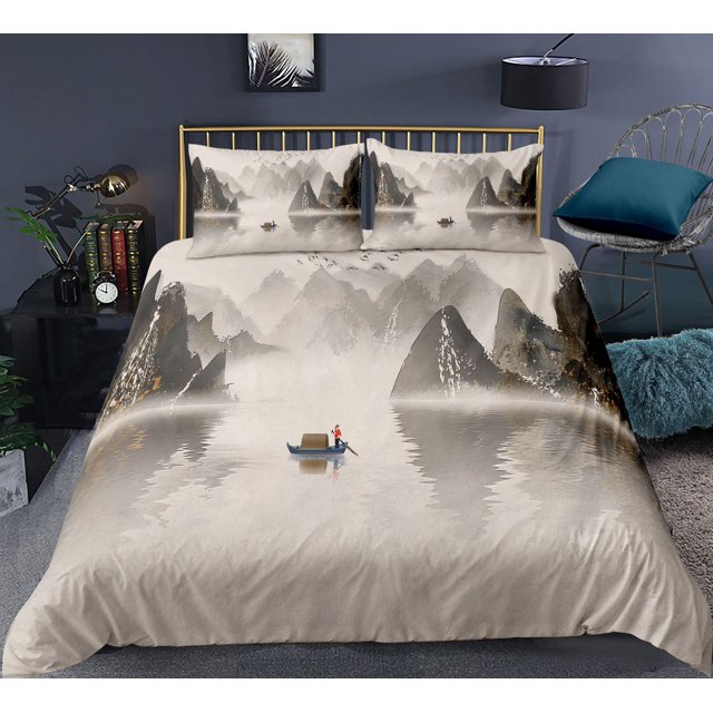 Landscape Painting Bedding Set Scenery Soft Bed Linen Home Decor Single Twin Full Size For Adults Ink And Wash Duvet Cover Set
