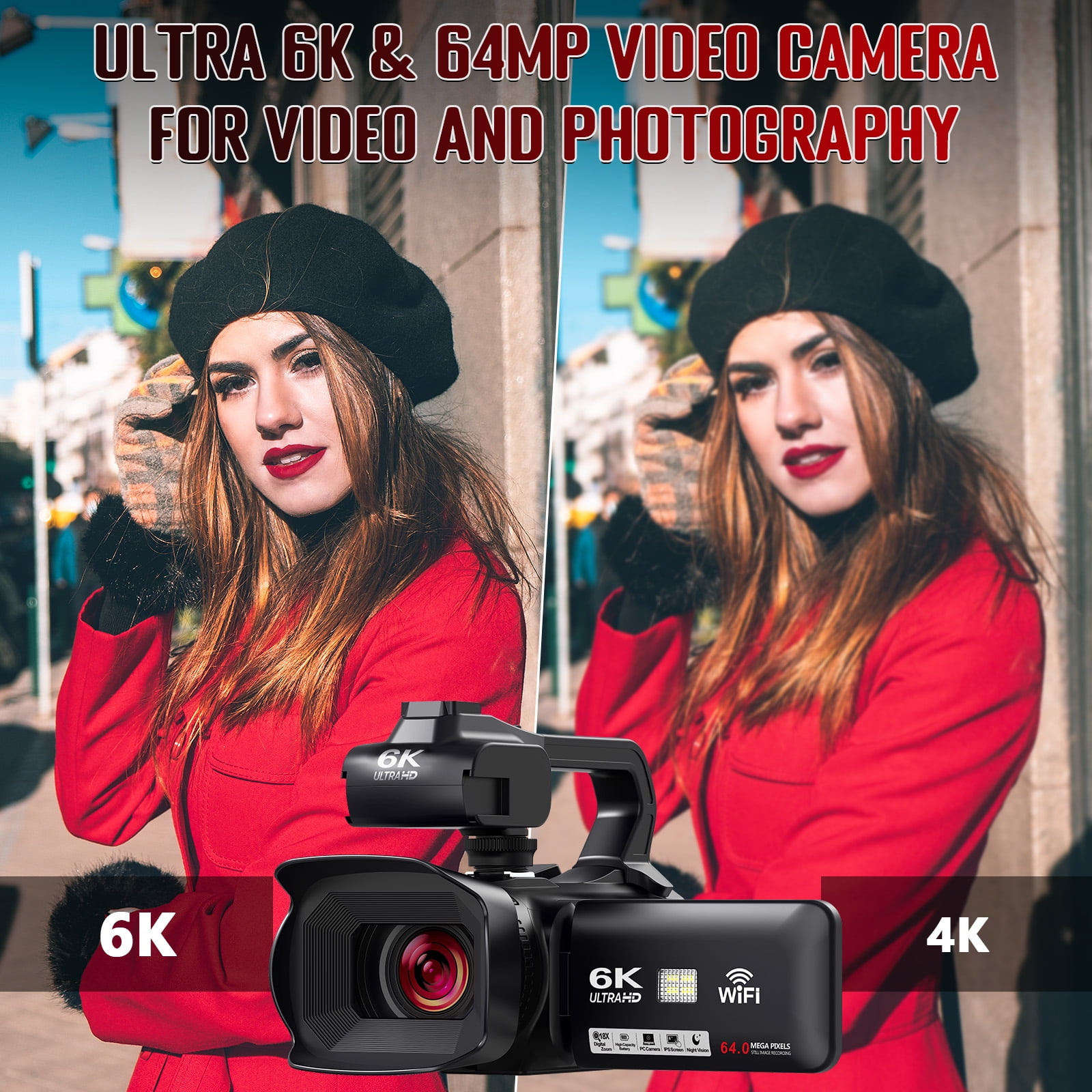 MARVUE 6K Video Camera Camcorder 64MP, Ultra 4.0" Touch Screen IR Night Vision 18X Digital Zoom with Microphone, Wifi, Handhold Stabilizer, 64G SD Card