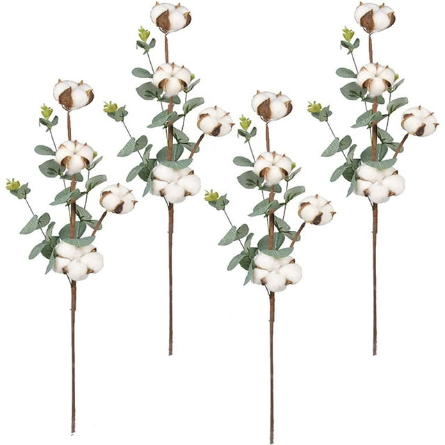 Tallo de algodón 21 "Flor artificial Ramas de algodón seco natural Granja Decoración de algodón con hojas de eucalipto Plantas para relleno Arreglo floral DIY Home Party Wedding Decoración floral (4 Algodón) oso de fresa Electrónica