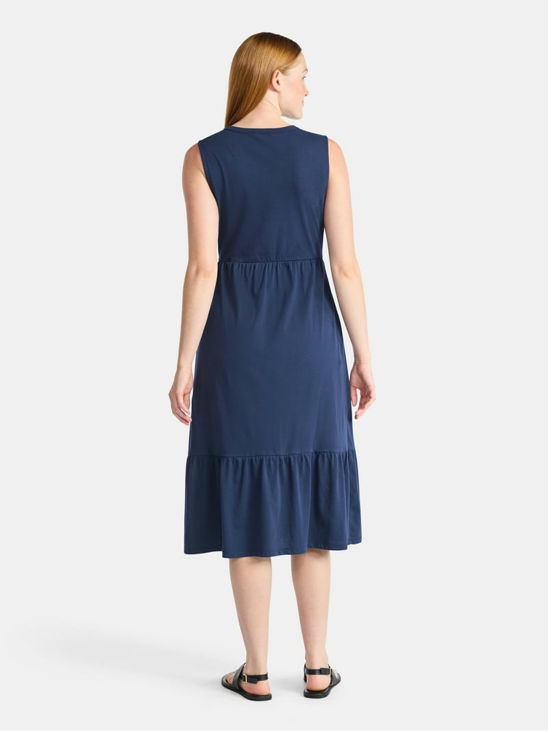 knee length dresses for ladies Mckenna Shoulder Tie Tiered Ruffle Cotton Midi Dress (Black)