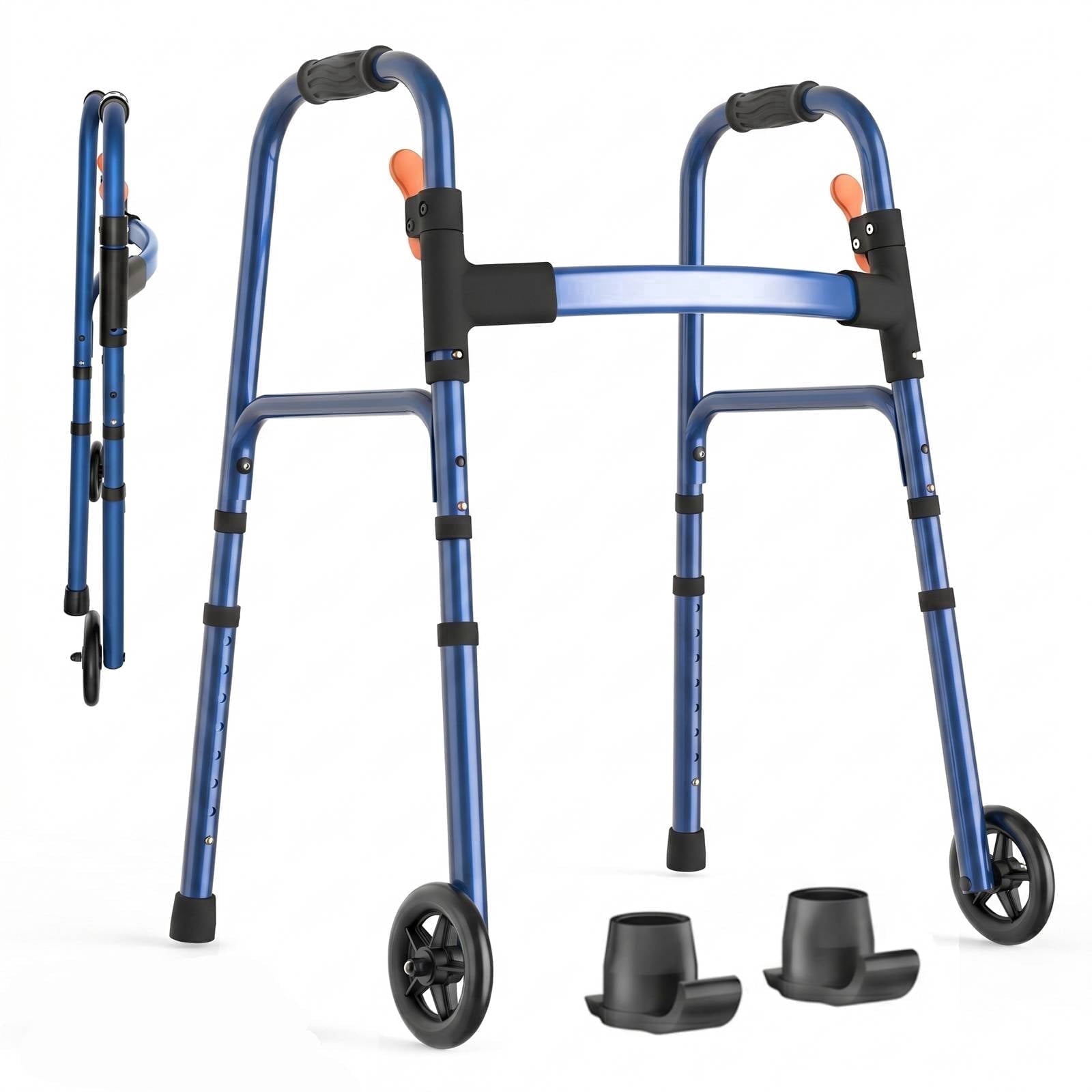 Specared Lightweight Folding Walker with One Hand Quick Fold, 8 Level Height Mobility Aid for Seniors with 300lbs Capacity, Blue