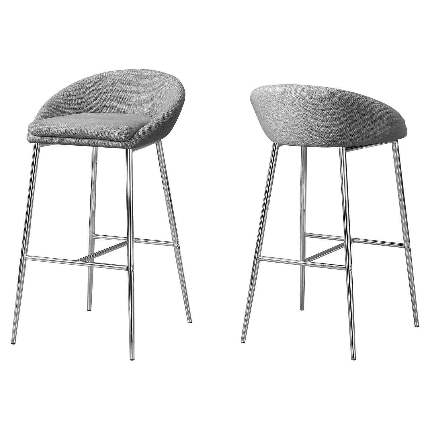 Monarch Specialties Bar Stool, Set Of 2, Bar Height, Metal, Fabric, Grey, Chrome, Contemporary, Modern
