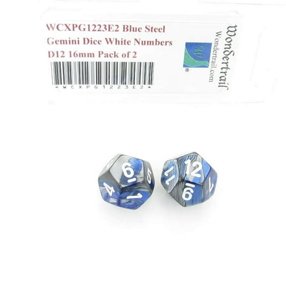 Blue and Steel Gemini Dice with White Numbers D12 Aprox 16mm (5/8in) Pack of 2 Wondertrail