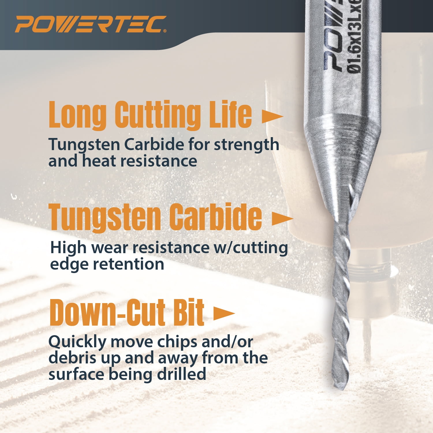POWERTEC Down Cut Spiral 1/16" Router Bit, 1/4" Shank Tungsten Carbide Router Bit with 1/2" Cutting Length & 2" Long. Fits CNC Router, Handheld Router, Router Table & Plunge Router, 4 PK, 73038-P4