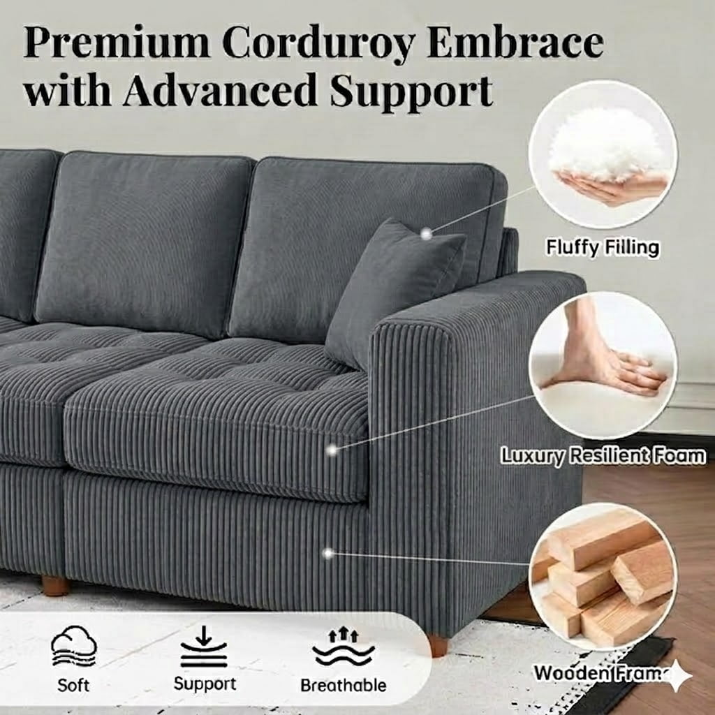 Howcool Cloud Couch Modular Sectional Sofa 6 Seat 134" U Shaped Convertible Couch Corduroy Thick Cushion with 2 Storage Ottomans and Toss Pillows Washable Removable Cover for Living Room,Dark Grey