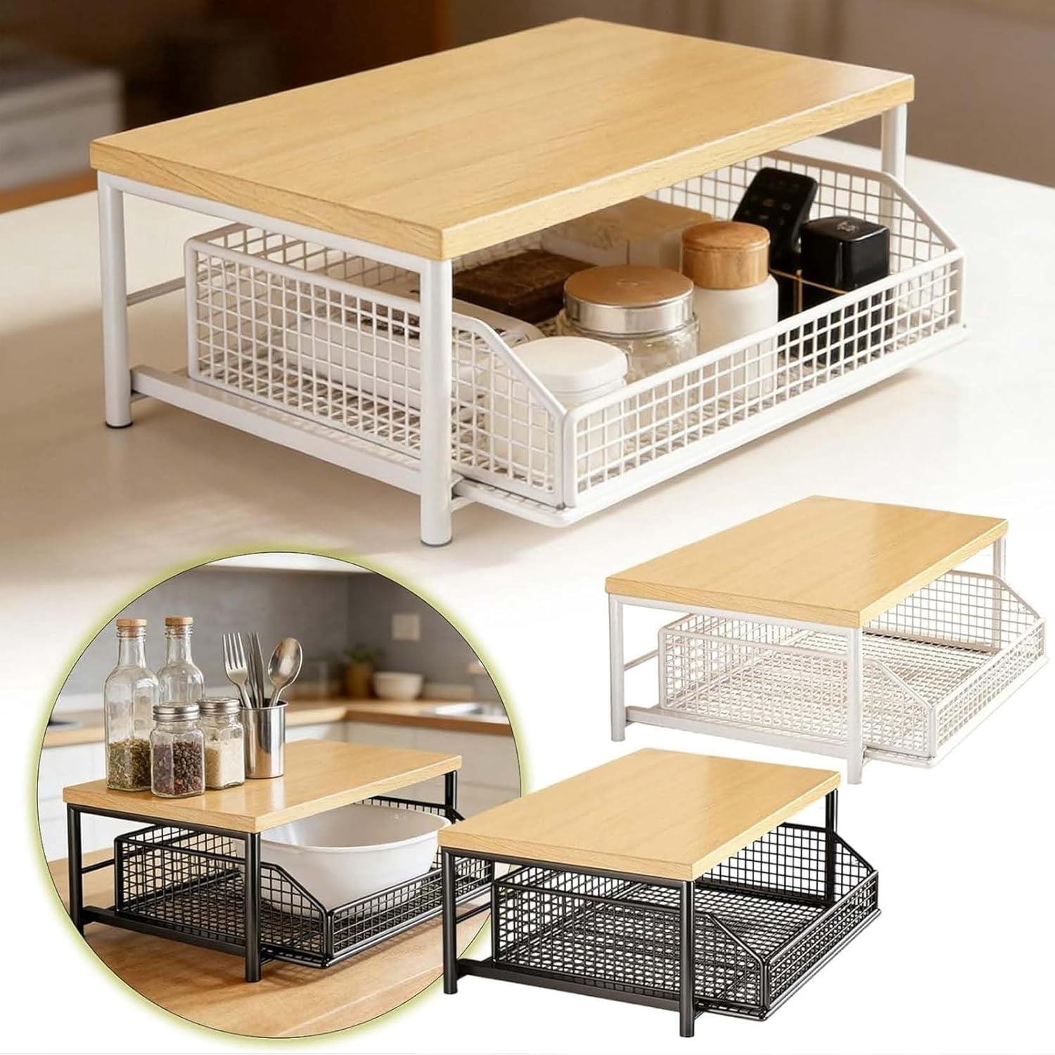 Kitchen Countertop Organizer with Drawer & Wire Basket, Hardwood Shelf, Sliding Drawer, Space-Saving Kitchen Pantry Organizer with Counter Shelf