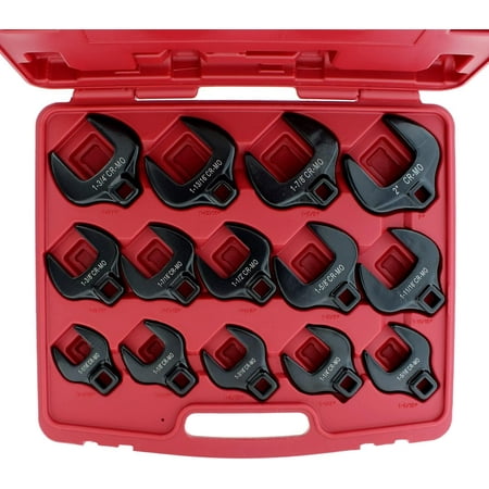 

Crows Foot Wrench Set with Extension Bars - 14pc Standard SAE Tight Clearance Brake Line Wrench Set - Offset Open End Wrenches for Hard to Jobs