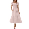 thumbnail image 2 of Daiosportswear Womens Summer Casual Midi Dress Square Neck Ruffle Short Sleeve Smocked High Waist A Line Wedding Guest Dresses,Women'S Short-Sleeved Dress Pink XL(XL), 2 of 9