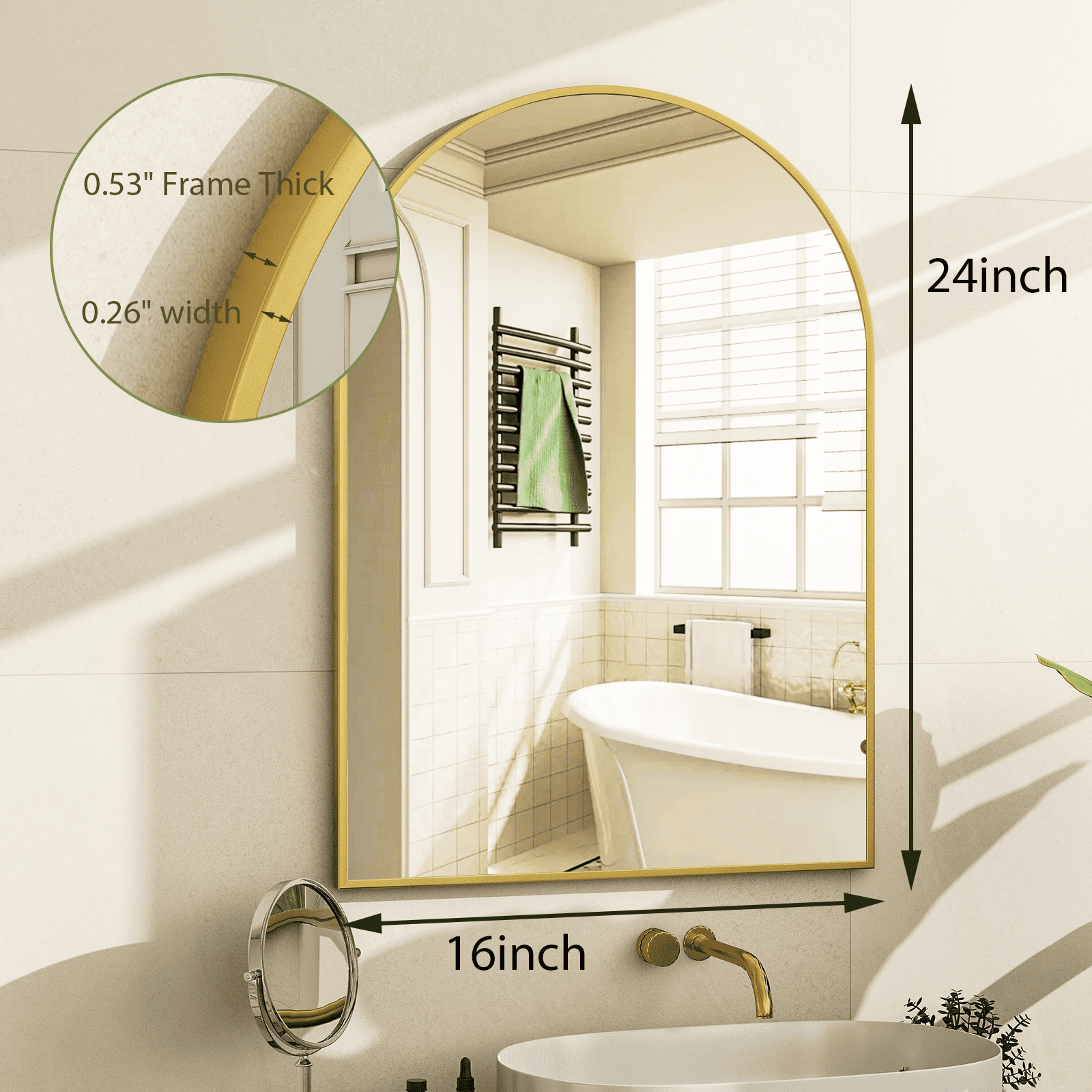 GRAHMCY 24"x16" Arched Bathroom Mirror Wall Mirror With Aluminum Alloy Frame, Gold
