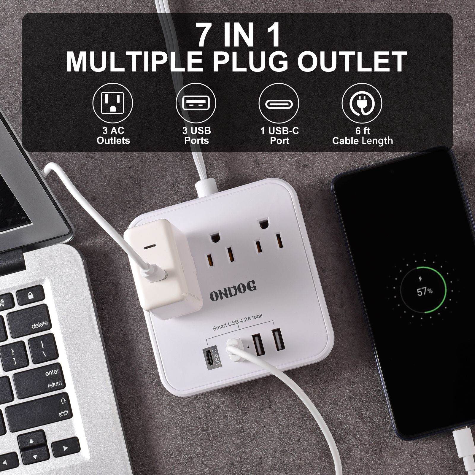 ONDOG Power Strip with USB-C, 3 AC Outlets & 4 USB Ports photo 7