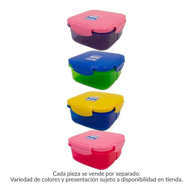 contenedor disney pixar de plástico diseño cuadrado tapa con cierre varios colores 739 ml 1 pieza Vista frontal centrada de cuatro contenedores cuadrados apilados en tonos rosa/púrpura, azul/verde, amarillo/azul y rosa/rojo; cada unidad presenta tapa con broches laterales que aseguran cierre hermético y cuerpo liso de plástico, diseñado para conservar y transportar alimentos en mochila o lonchera y también adecuado para organizar snacks y porciones pequeñas.