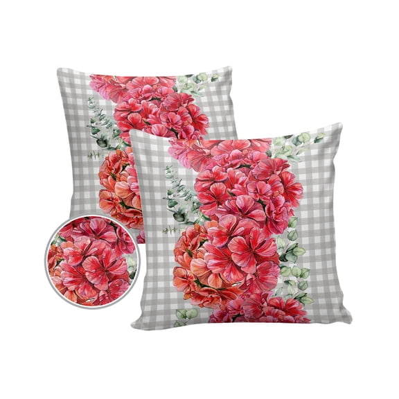 Pack of 2 Outdoor Pillow Covers, Summer Red Geranium Gray Plaid Buffalo Waterproof Square Throw Pillowcase Cushion Decorative Pillow Covers for Couch Patio Tent, 20x20 in