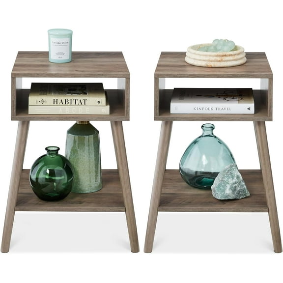 SLSRFD Mid-Century Modern End Table Set of 2, Side Accent Furniture for Living Room, Den, Sitting Room, Space Saving w/Cubby Storage, Lower Shelf, Pine Wood Legs - Gray Oak