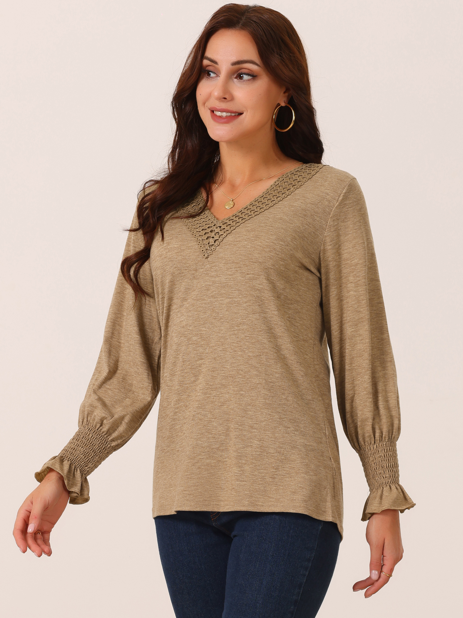 DARING DIVA Women's V Neck Long Sleeve Smocked Cuff Casual Tops XL Brown