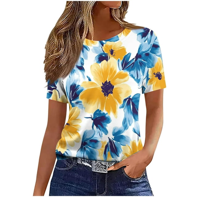 Pisexur Hauts pour Femmes, Hauts de Printemps pour Femmes 2025, Hauts pour Dames, T-shirt Imprimé Décontracté et Tendance pour Femmes avec Col Rond et Manches Courtes Jaune, G