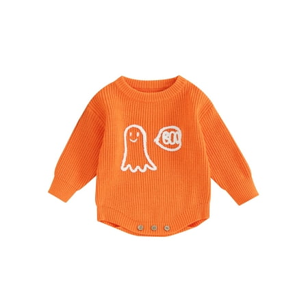 

Arvbitana 0-24M Infant Baby Girls Boys Halloween Sweater Romper Long Sleeve Ghost Letter Embroidery Jacquard Knitted Jumpsuit Newborn Warm Bodysuits