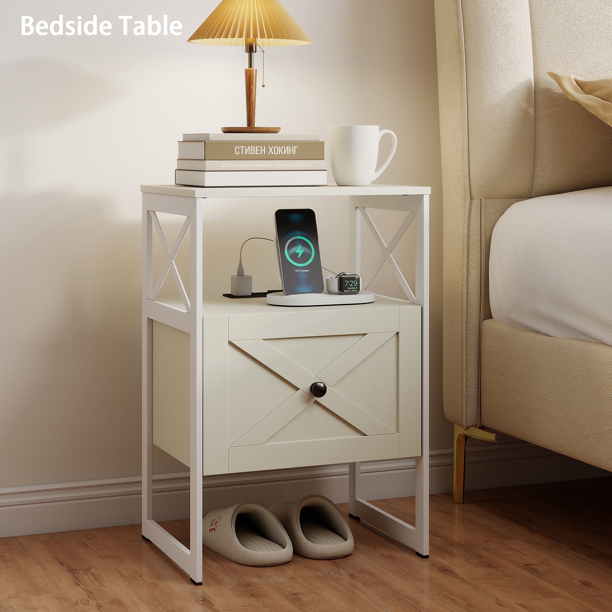 Manxile Nightstand with Drawers & Shelf Bedside End Table for Bedroom,White