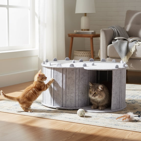 Pinbtre Cat Tunnel 2-Tier Detachable Felt Hideaway Round Kitten Semi-enclosed Cave Light Gray Foldable Pet House 22.8in-L