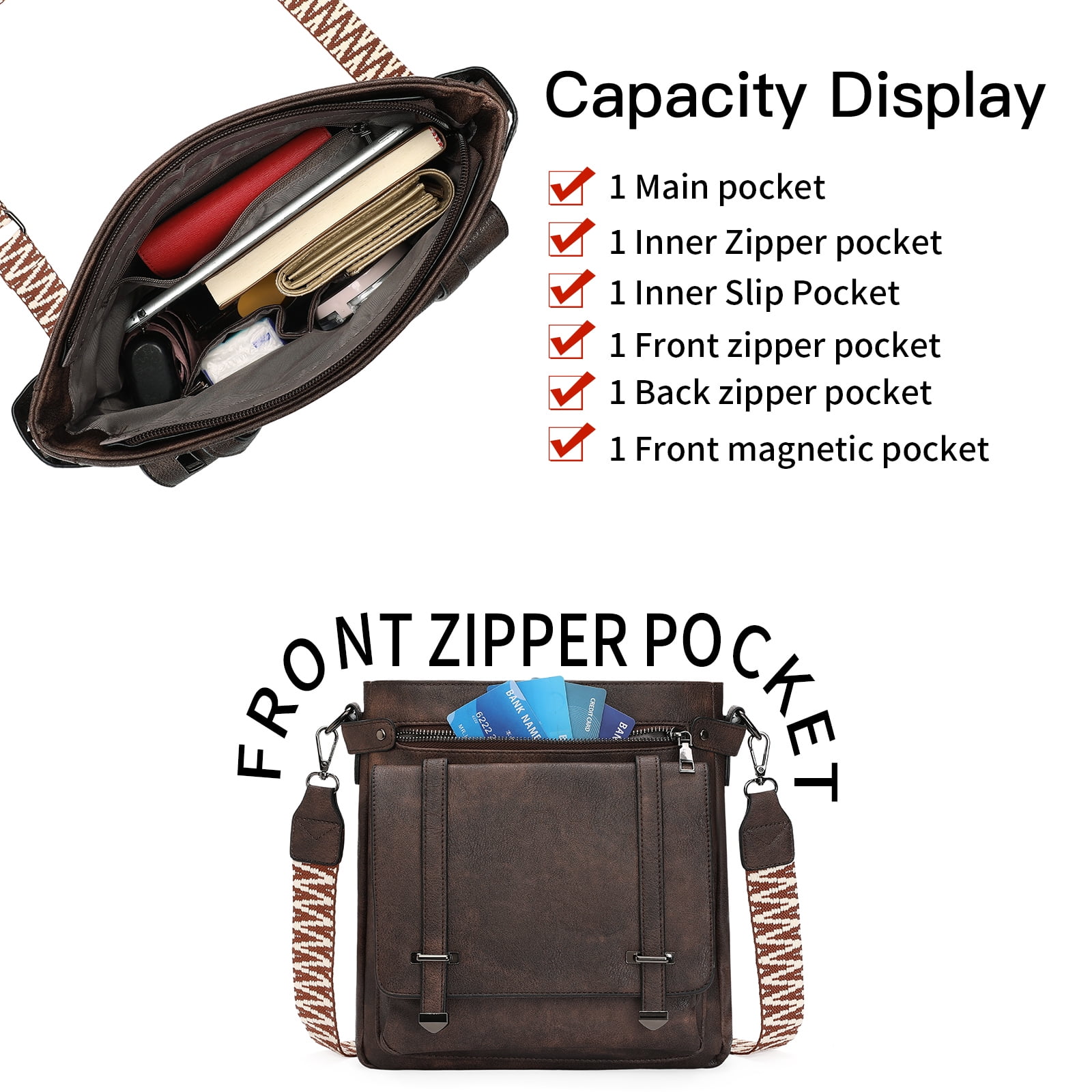 KALUNMA Crossbody Bags for Women Multi Pocket Vegan Leather Shoulder Handbags Travel Purse with Adjustable Strap