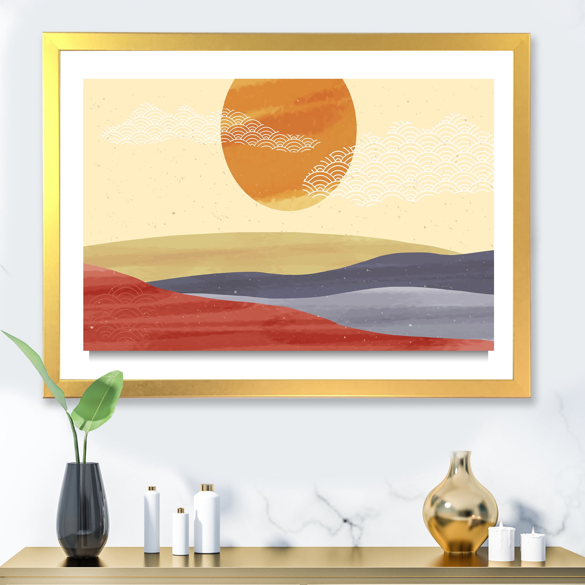 Designart 'Abstract Minimalistis Landscape Mountain & Moon' Modern Framed Art Print
